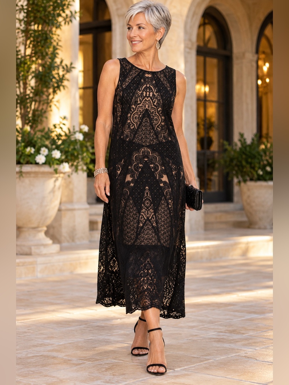 Carmen Marc Valvo Laser Cut Overlay Cocktail Dress Black Nude L Wedding Guest